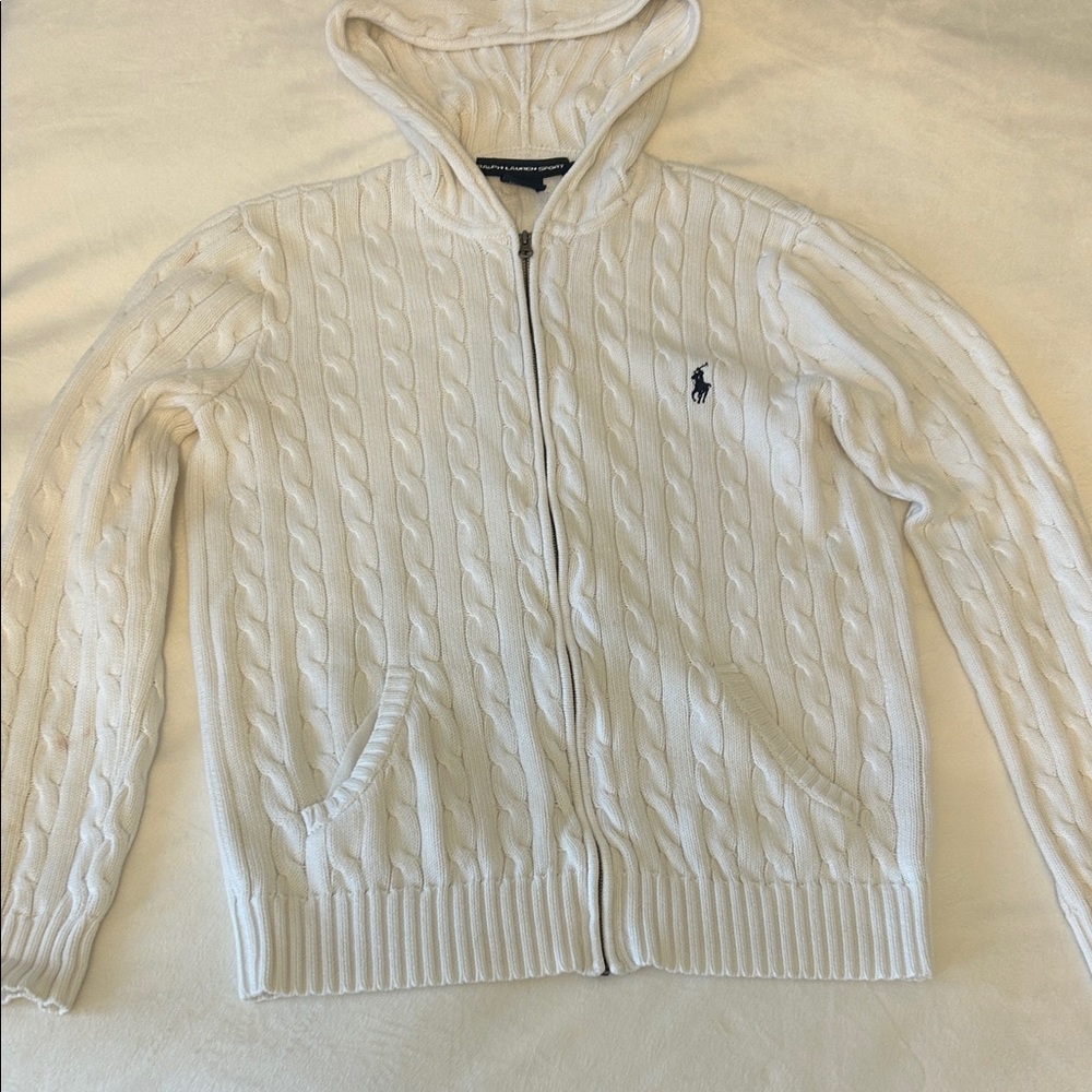 Polo by Ralph Lauren Cream Cable-Knit Zip Hoodie Sweater XL fits smaller